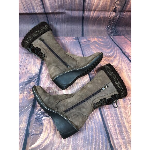 UGG Skylair 1936 Brown Leather Knit Cuff Tall Boots Wedge Womens 7 / 38 (r8e) - Picture 6 of 10